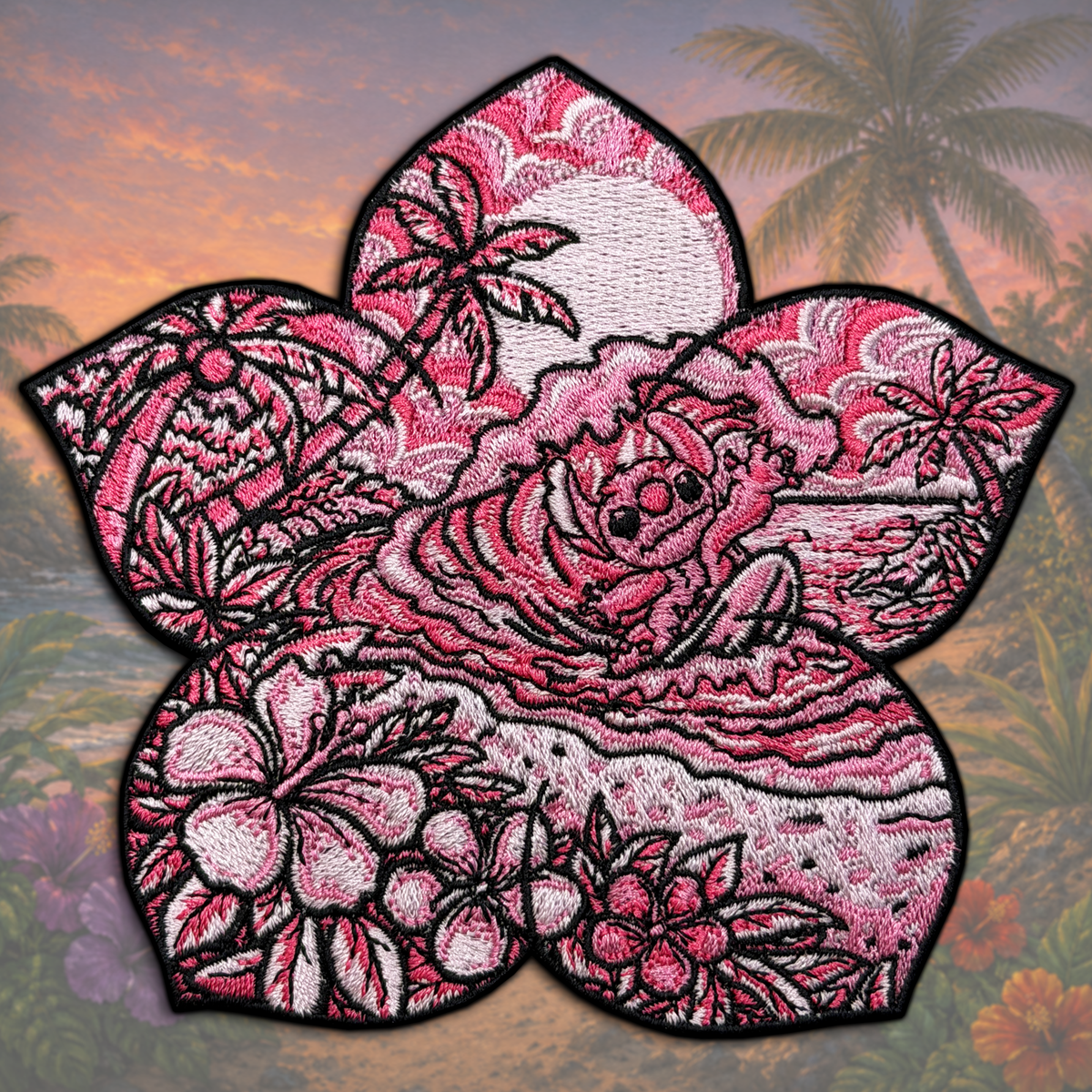 Pink and black floral and nature-themed patch on a colorful background
